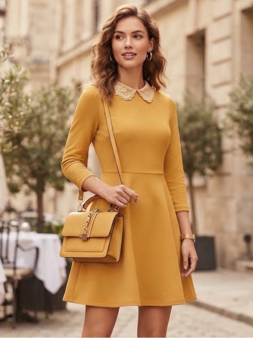 Aldo Mustard Top-Handle Satchel with Chain Accent